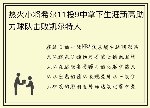 热火小将希尔11投9中拿下生涯新高助力球队击败凯尔特人
